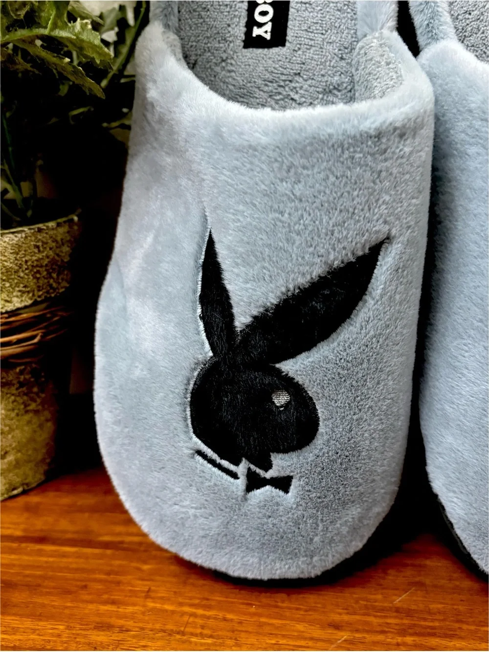 PLAYBOY MENS FUZZY SLIP ON SLIPPERS L 11/12 BUNNY GREY BLACK MEMORY FOAM DAPPER